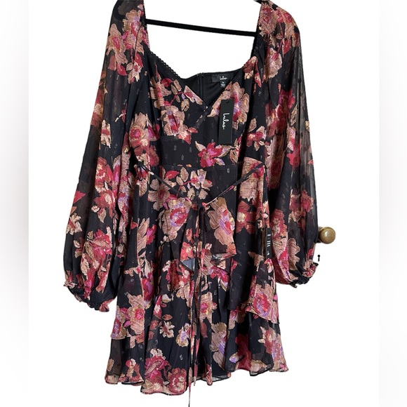 Lulus Dramatically Dreamy Black Floral Chiffon Tiered Lurex Mini Dress - Picture 5 of 8